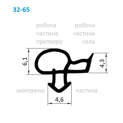Креслення профілю ущільнювача 32-65 з розмірами: ніжка 4,6 мм, робочі зони 6,1 мм та 4,3 мм, плече зсуву 4,2 мм